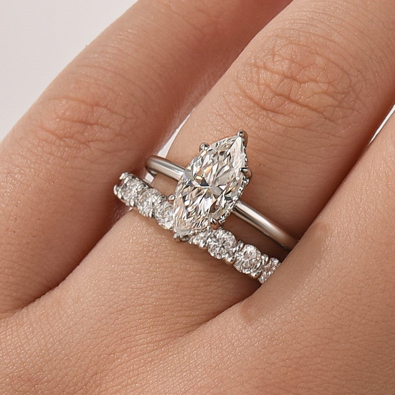 Moissanite 2.0Ct Marquise Cut Solitaire White Gold Engagement Ring with Pavé Eternity Ring