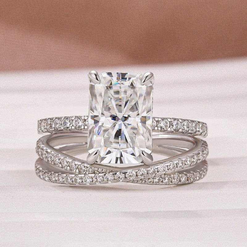 3.5 Ct Radiant Cut White Gold Moissanite Diamond Wedding Ring with Criss Cross Band