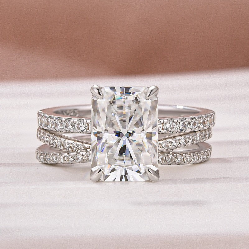 3.5 Ct Radiant Cut White Gold Moissanite Diamond Wedding Ring with Criss Cross Band