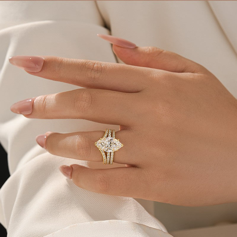 Moissanite 4.0Ct Marquise Cut Yellow Gold Wedding Ring with V Contour Wedding Band