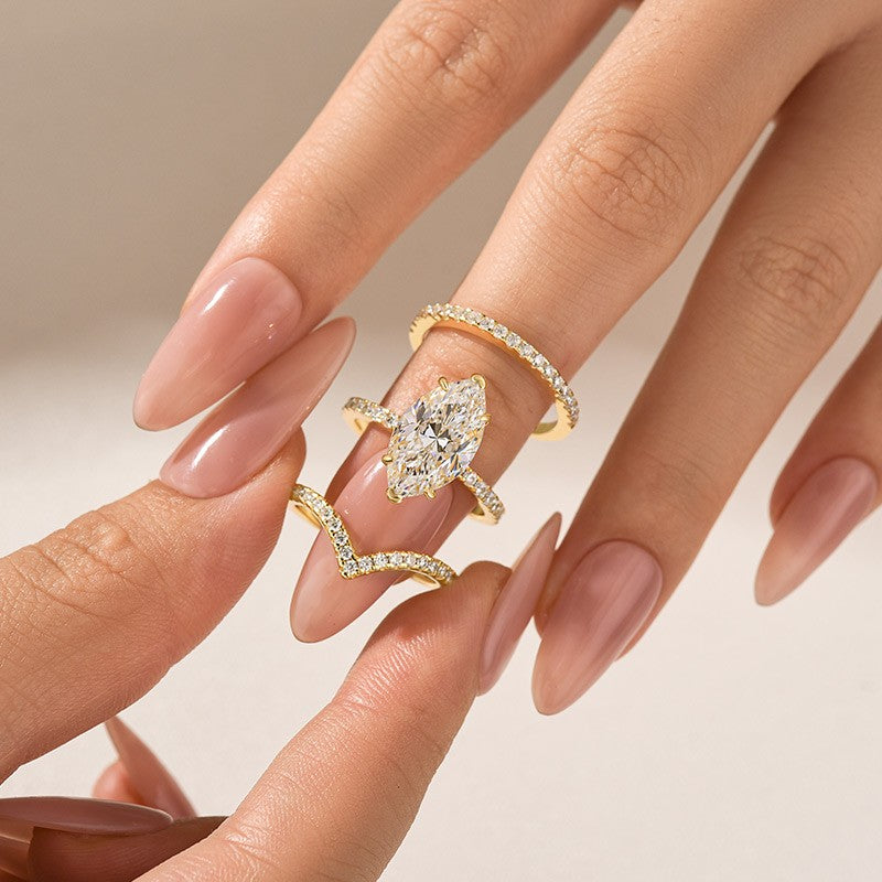 Moissanite 4.0Ct Marquise Cut Yellow Gold Wedding Ring with V Contour Wedding Band