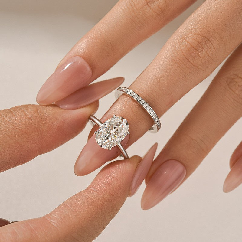 Moissanite 4.0Ct Solitaire Oval Cut White Gold Wedding Ring with Pavé Eternity Ring