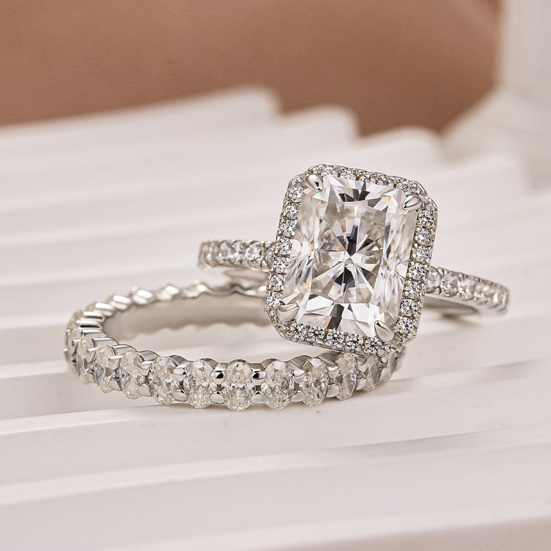 Moissanite 3.0Ct Halo Radiant Cut White Gold Wedding Ring with Oval Cut Wedding Band