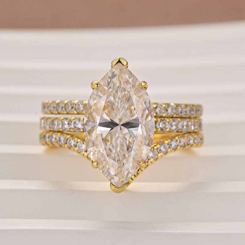 Moissanite 4.0Ct Marquise Cut Yellow Gold Wedding Ring with V Contour Wedding Band