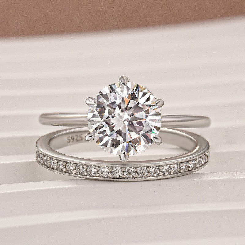 Moissanite 2.0Ct Solitaire Round Cut White Gold Stack Wedding Ring with Pavé Eternity Ring
