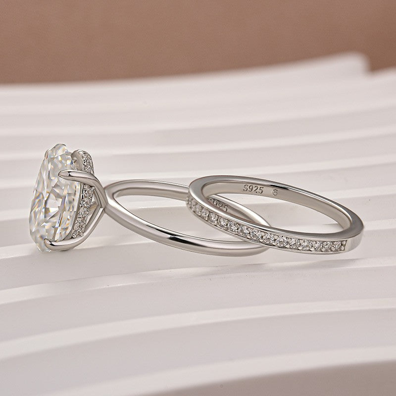 Moissanite 4.0Ct Solitaire Oval Cut White Gold Wedding Ring with Pavé Eternity Ring