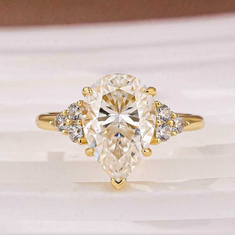 Rodiffy Moissanite 3.0 Ct Pear Cut Yellow Gold Engagement Ring with Round Cut Side Stone