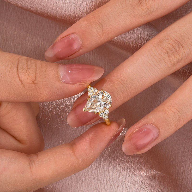Rodiffy Moissanite 3.0 Ct Pear Cut Yellow Gold Engagement Ring with Round Cut Side Stone