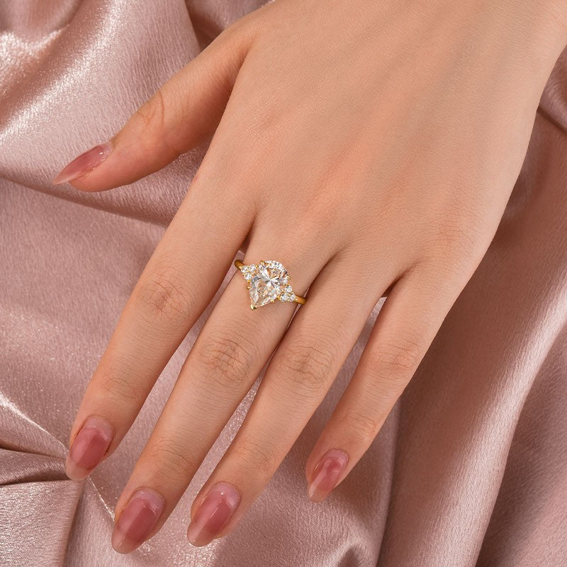 Rodiffy Moissanite 3.0 Ct Pear Cut Yellow Gold Engagement Ring with Round Cut Side Stone
