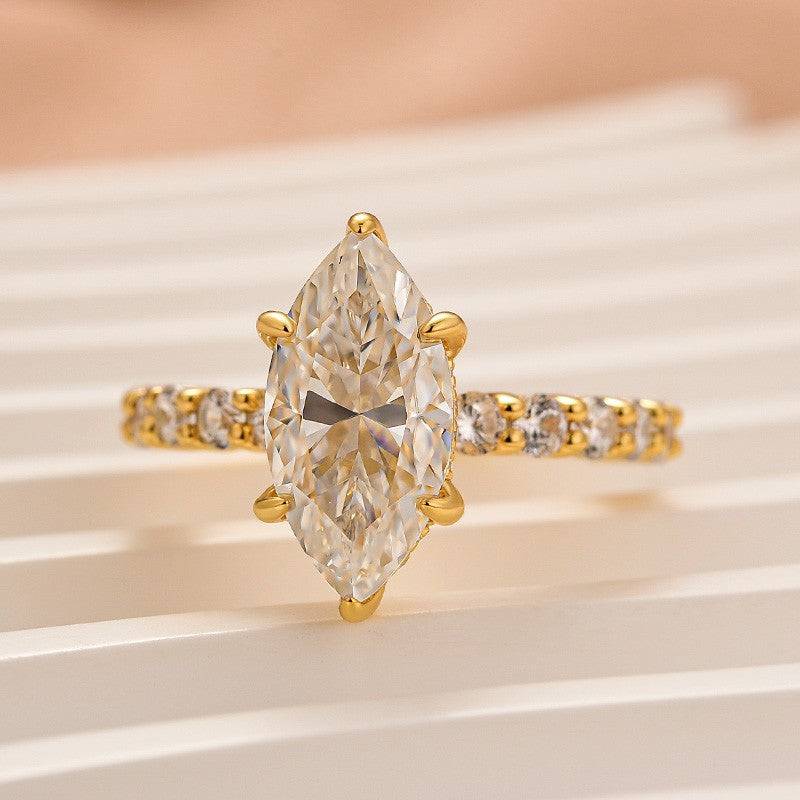 Moissanite 3.0 Ct Marquise Cut Side Stone Yellow Gold Engagement Ring