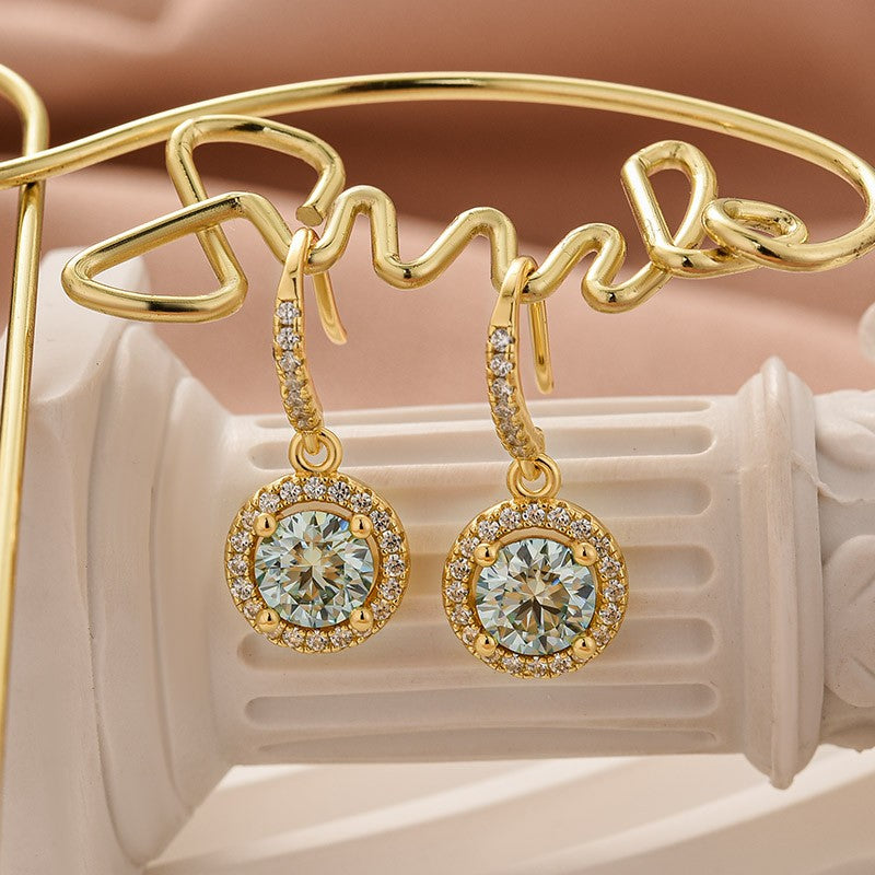 Moissanite 1.0Ct Halo Green Round Cut Yellow Gold Drop Earrings In Sterling Silver