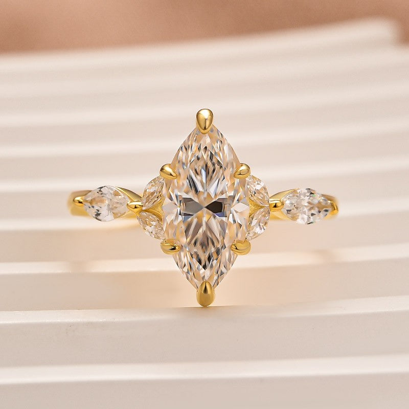 Moissanite 2.0 Ct Marquise Cut Side Stone Yellow Gold Engagement Ring