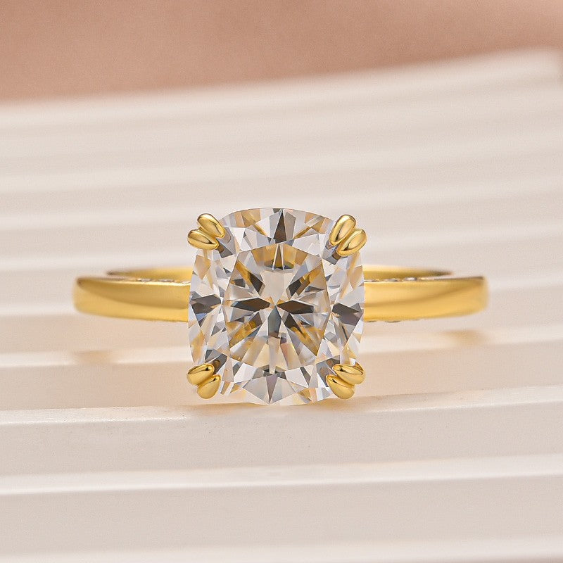 Moissanite 3.0 Ct Cushion Cut Solitaire Double Prongs Yellow Gold Promise Ring For Women