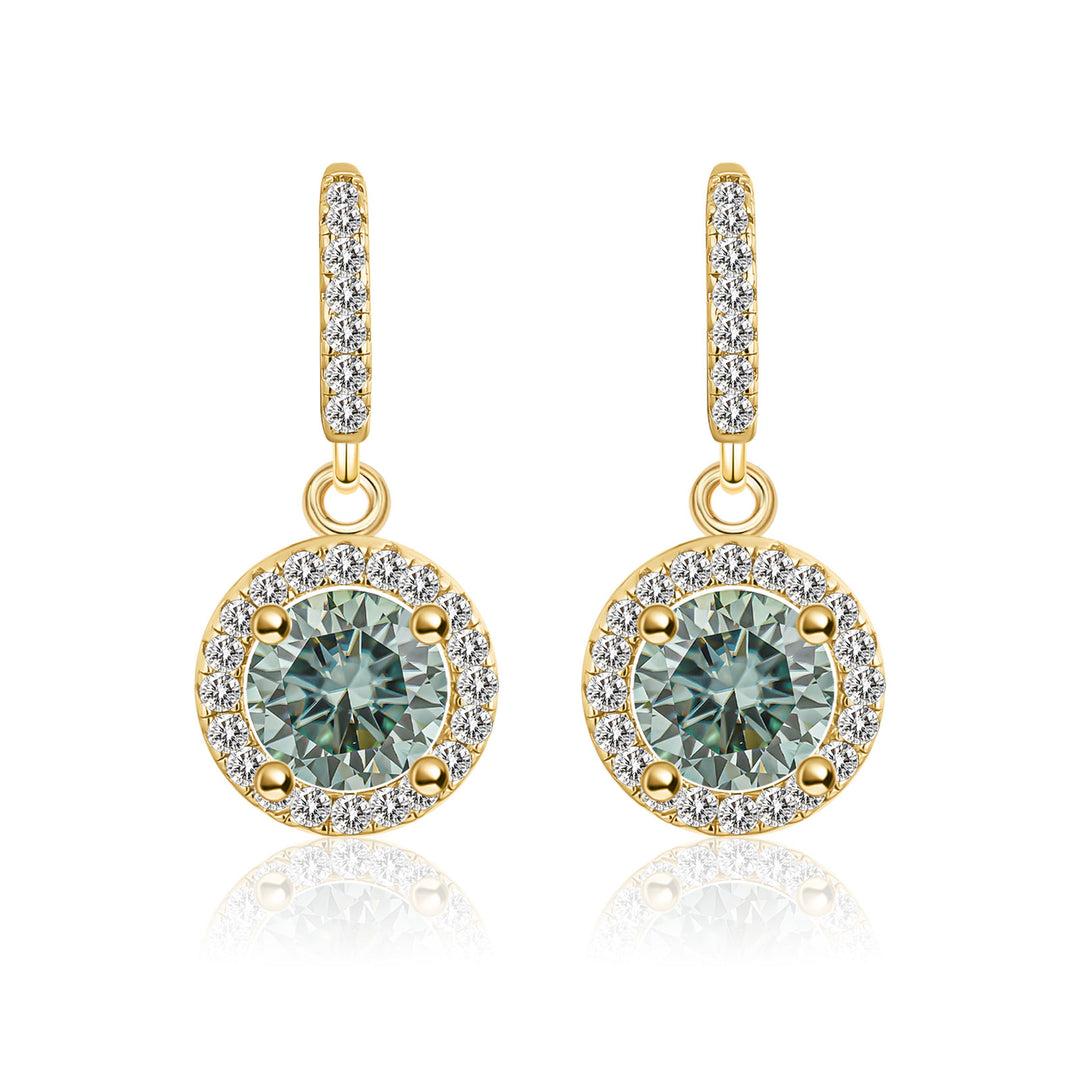 Moissanite 1.0Ct Halo Green Round Cut Yellow Gold Drop Earrings In Sterling Silver