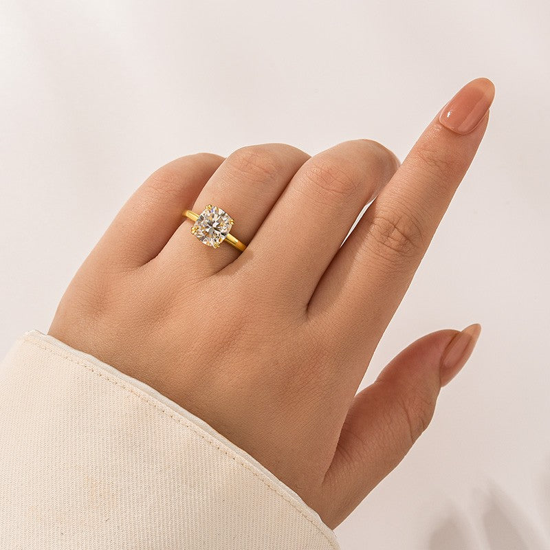 Moissanite 3.0 Ct Cushion Cut Solitaire Double Prongs Yellow Gold Promise Ring For Women