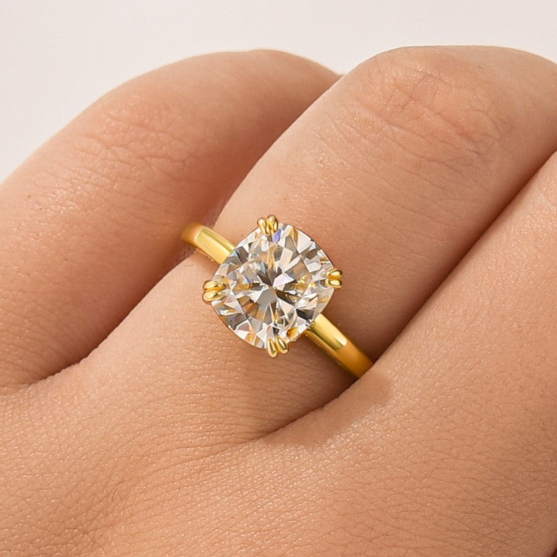 Moissanite 3.0 Ct Cushion Cut Solitaire Double Prongs Yellow Gold Promise Ring For Women