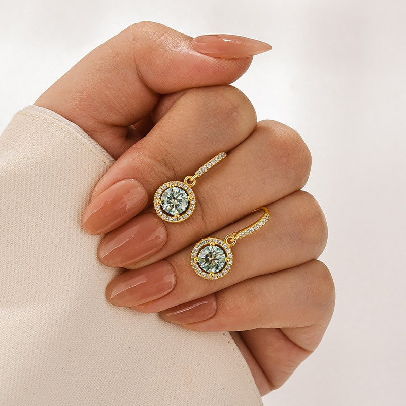 Moissanite 1.0Ct Halo Green Round Cut Yellow Gold Drop Earrings In Sterling Silver