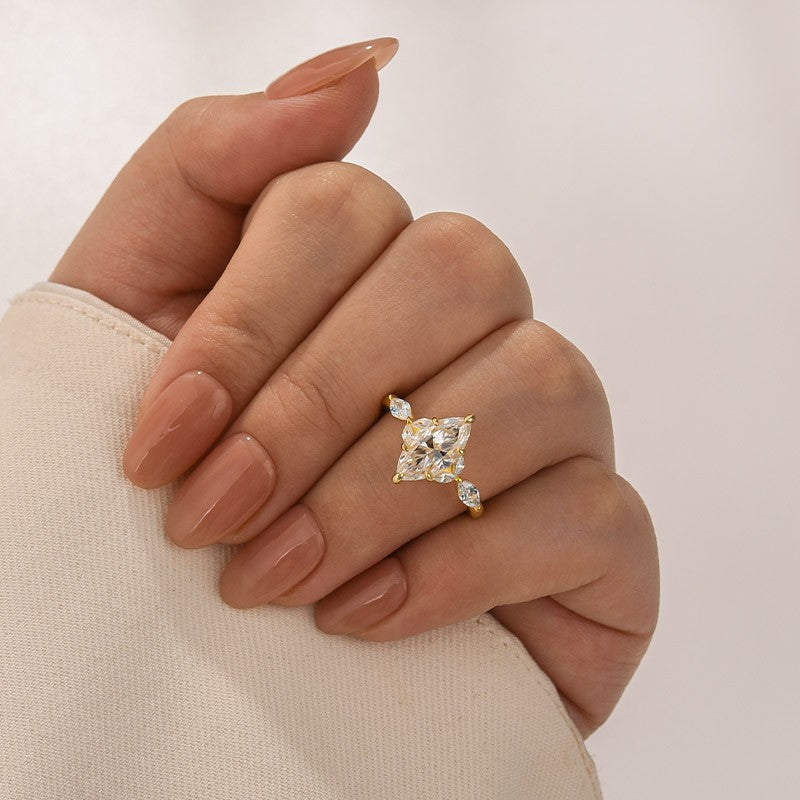 Moissanite 2.0 Ct Marquise Cut Side Stone Yellow Gold Engagement Ring