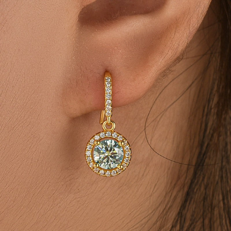 Moissanite 1.0Ct Halo Green Round Cut Yellow Gold Drop Earrings In Sterling Silver