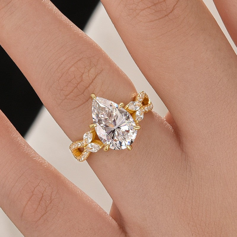 Moissanite Vintage 3.5Ct Pear Cut Twist Engagement Ring Travel Ring In Sterling Silver