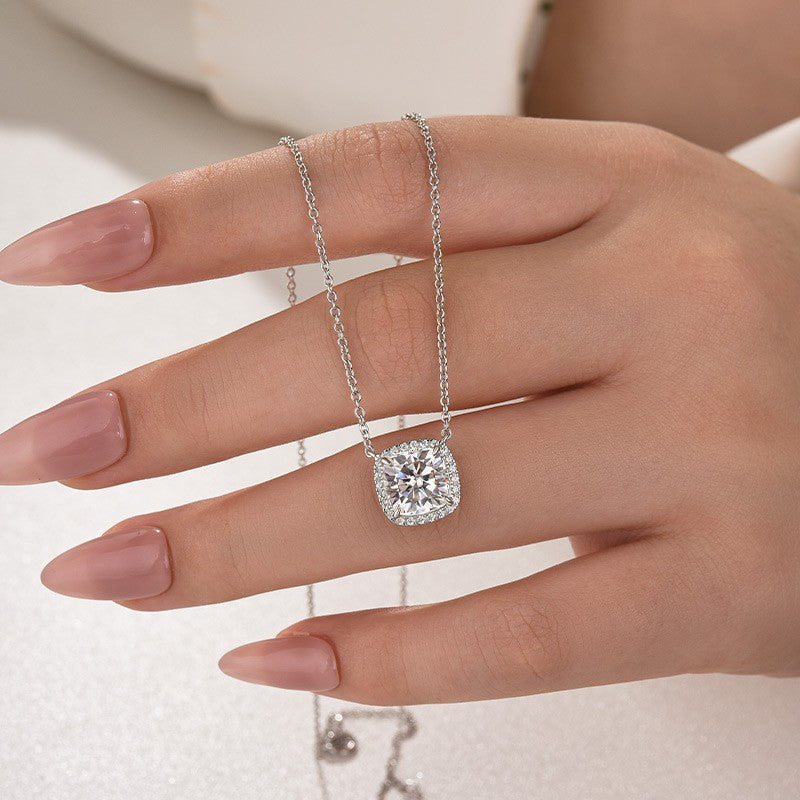 Moissanite Halo 3.0Ct Cushion Cut Pendant Necklace