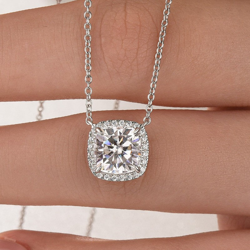 Moissanite Halo 3.0Ct Cushion Cut Pendant Necklace