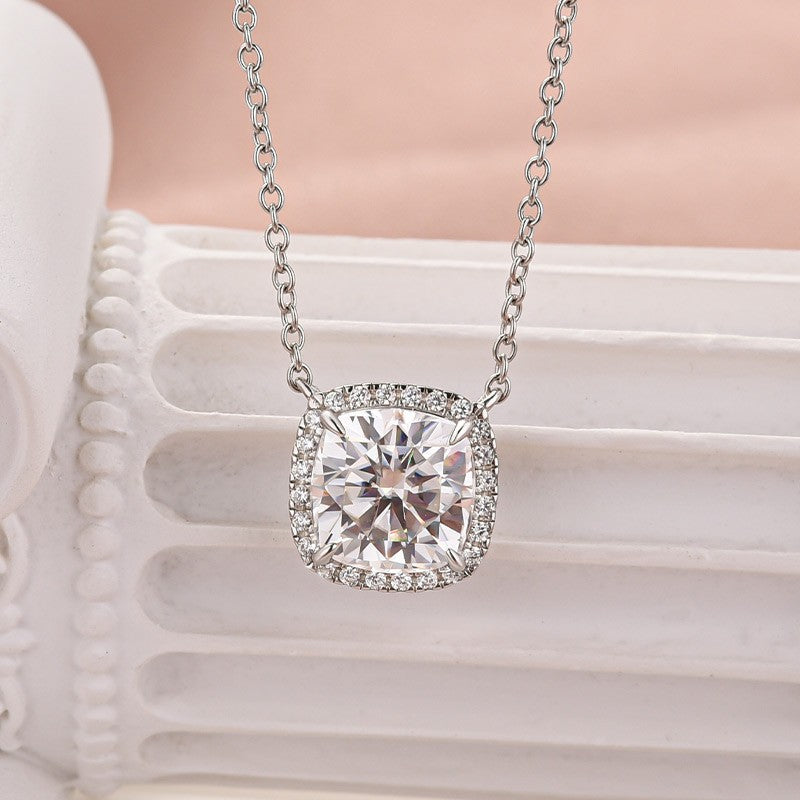 Moissanite Halo 3.0Ct Cushion Cut Pendant Necklace