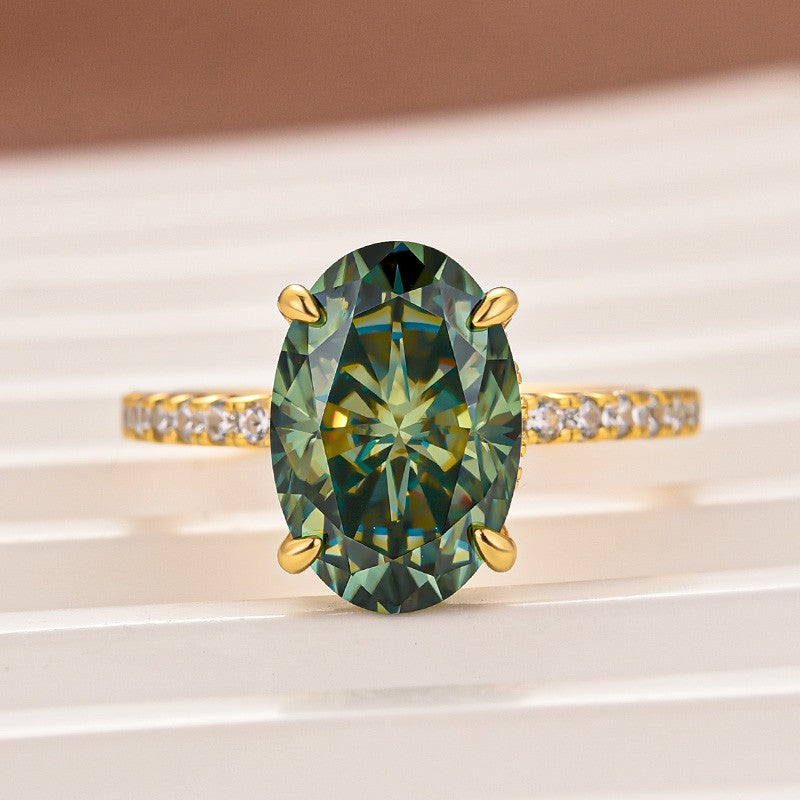 Moissanite 4.0Ct Oval Cut Green Hidden Halo Engagement Ring in Sterling Silver