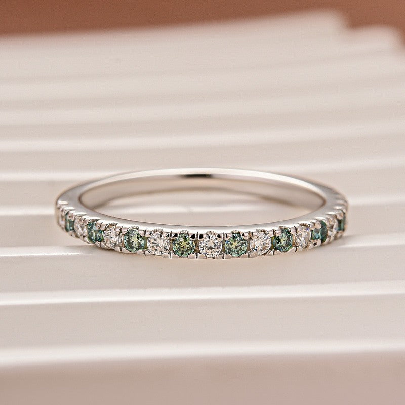 Rodiffy Moissanite 0.5 Ct Round Cut Alternating White and Green Half Halo White Gold Anniversary Ring