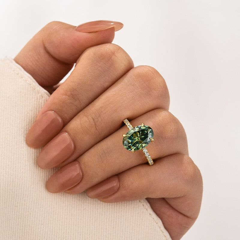 Moissanite 4.0Ct Oval Cut Green Hidden Halo Engagement Ring in Sterling Silver