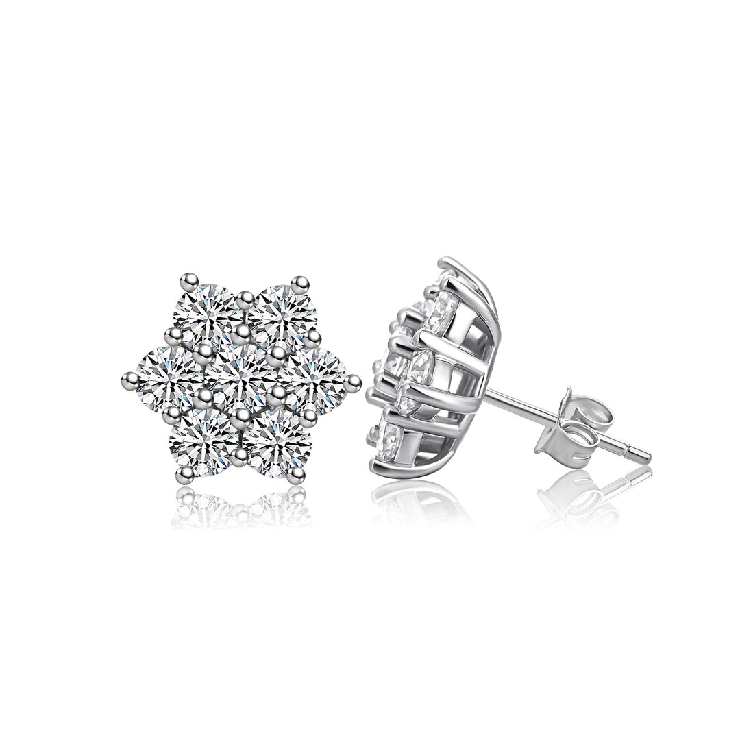 Moissanite Sunflower Stud Earrings with Round White Stones in Sterling Silver