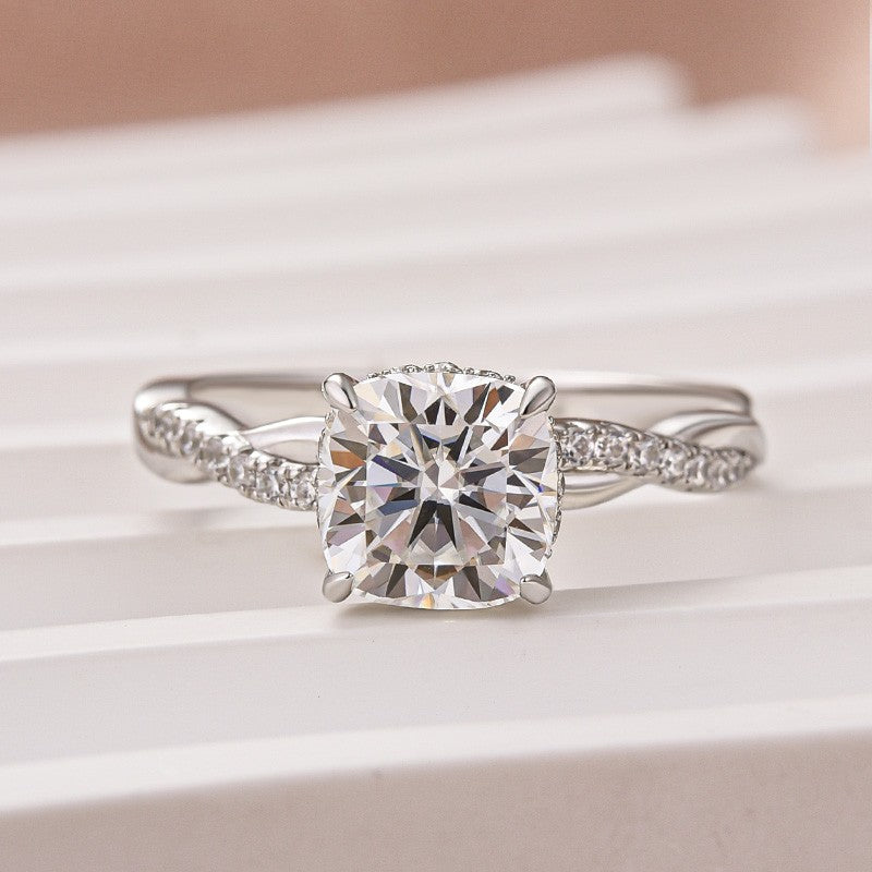 Moissanite 2.0Ct Cushion Cut Twist Engagement Ring Travel Ring In Sterling Silver