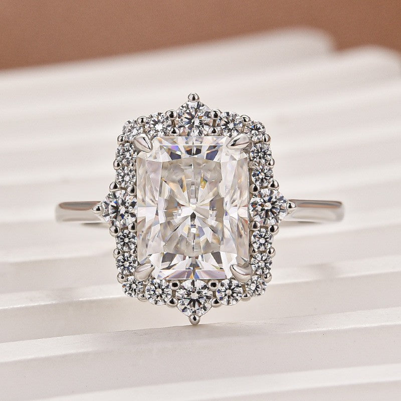 Rodiffy Moissanite 3.0Ct White Gold Halo Radiant Cut Engagement Ring