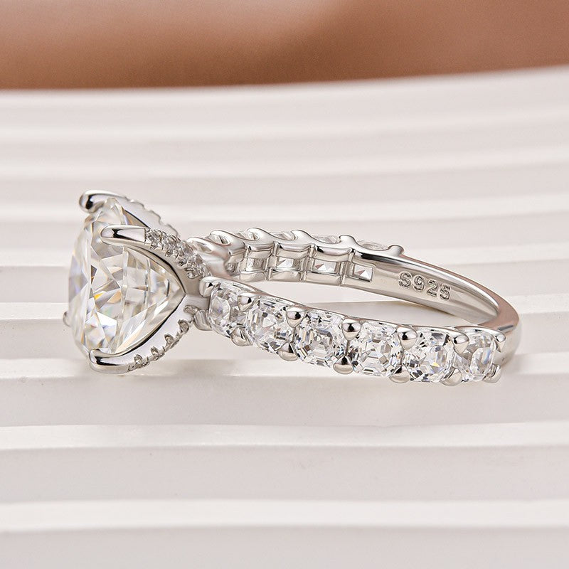 Rodiffy Moissanite 4.0 Ct Round White Gold Engagement Ring with Asscher Cut Wedding Band