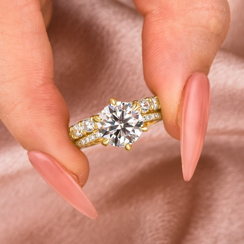 Moissanite 3.0Ct Round Cut Yellow Gold Wedding Ring Set