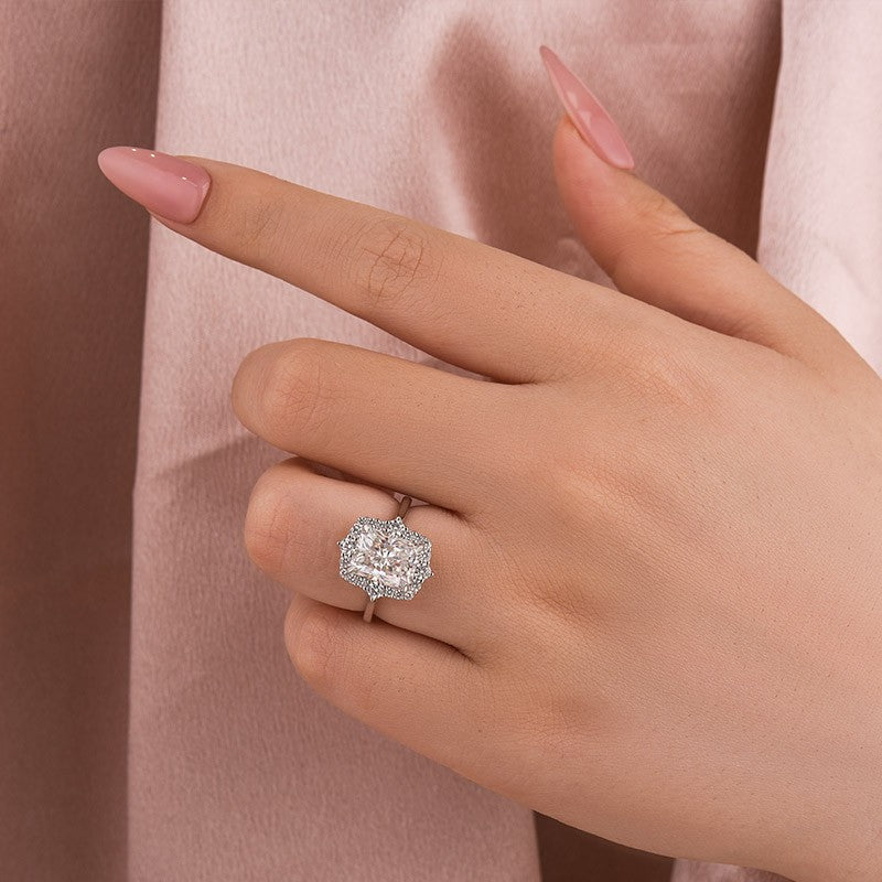 Rodiffy Moissanite 3.0Ct White Gold Halo Radiant Cut Engagement Ring