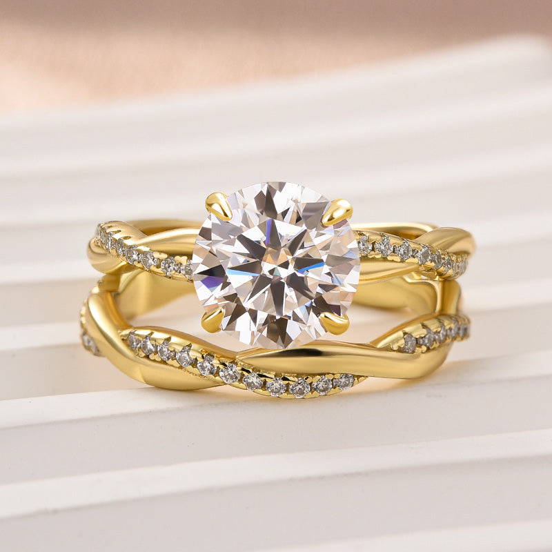 Rodiffy Moissanite 2.0 Ct Twist Yellow Gold Pave Wedding Ring Set