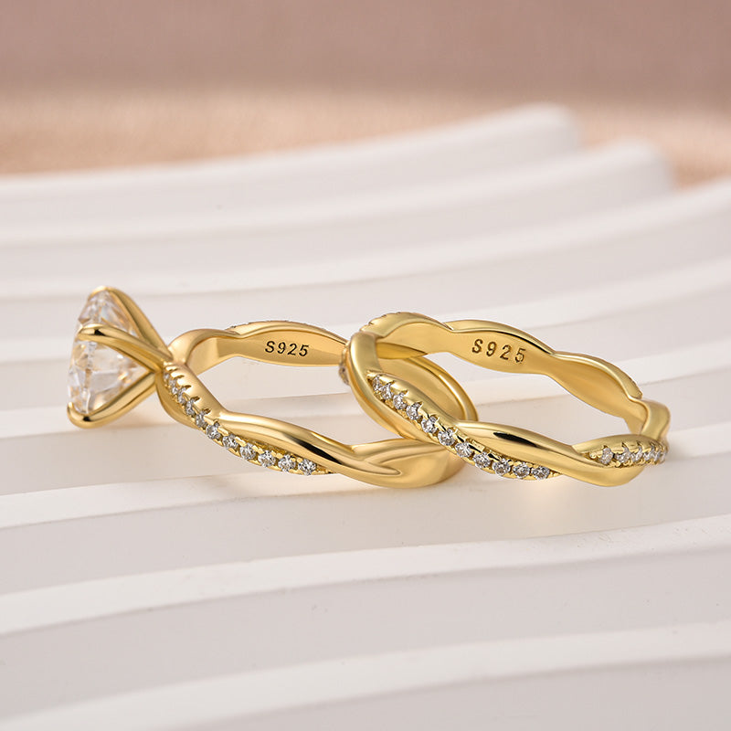 Rodiffy Moissanite 2.0 Ct Twist Yellow Gold Pave Wedding Ring Set
