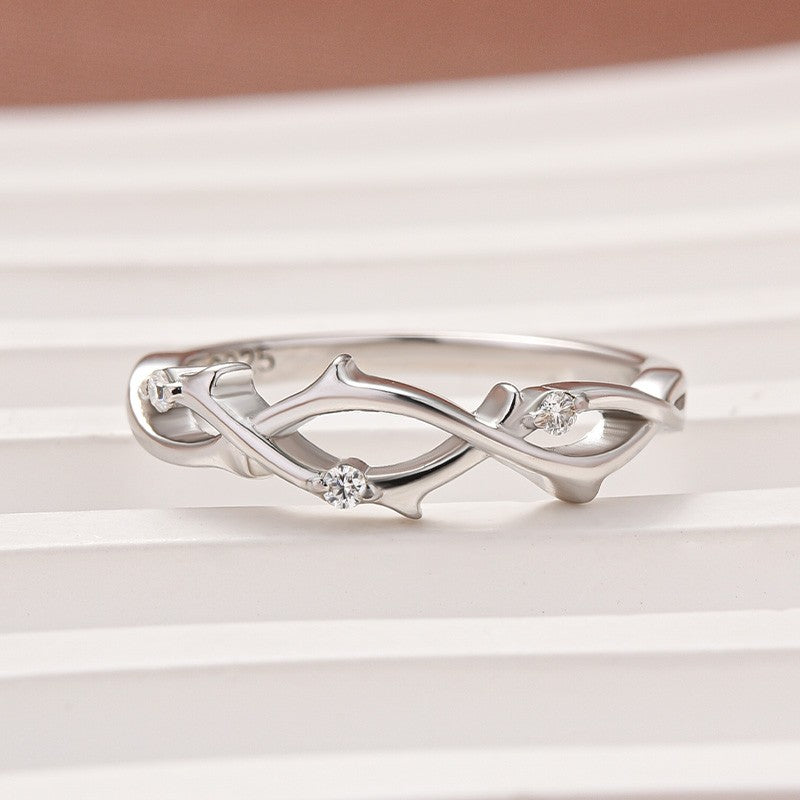 Moissanite Twig Round Cut White Gold Travel Ring In Sterling Silver