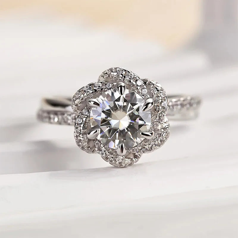 Rodiffy Moissanite 1.0Ct Round Cut Twist Flower Design Engagement Ring