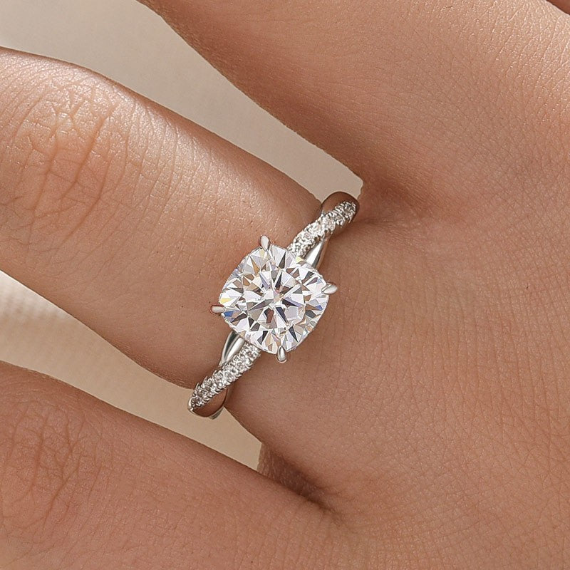 Moissanite 2.0Ct Cushion Cut Twist Engagement Ring Travel Ring In Sterling Silver