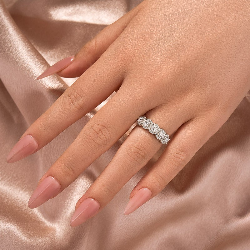 Moissanite Halo Five Stone White Gold Anniversary Ring In Sterling Silver