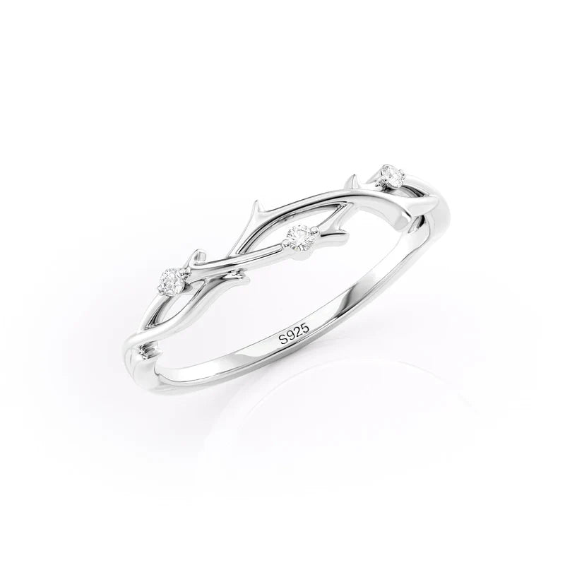 Moissanite Twig Round Cut White Gold Travel Ring In Sterling Silver