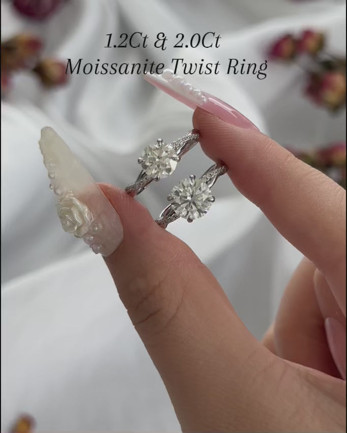 Rodiffy Moissanite 2.0 Ct Round Cut Twist White Gold Pave Promise Bridal Ring