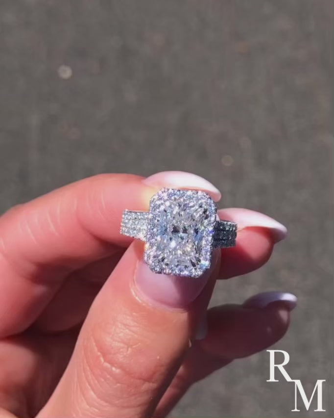 Moissanite Halo Three Shank 3.5Ct Radiant Cut White Gold Engagement Ring