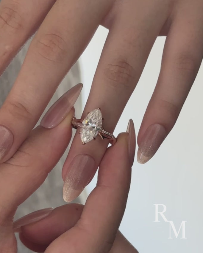 Moissanite 3.0Ct Marquise Cut Rose Gold Twist Engagement Ring In Sterling Silver