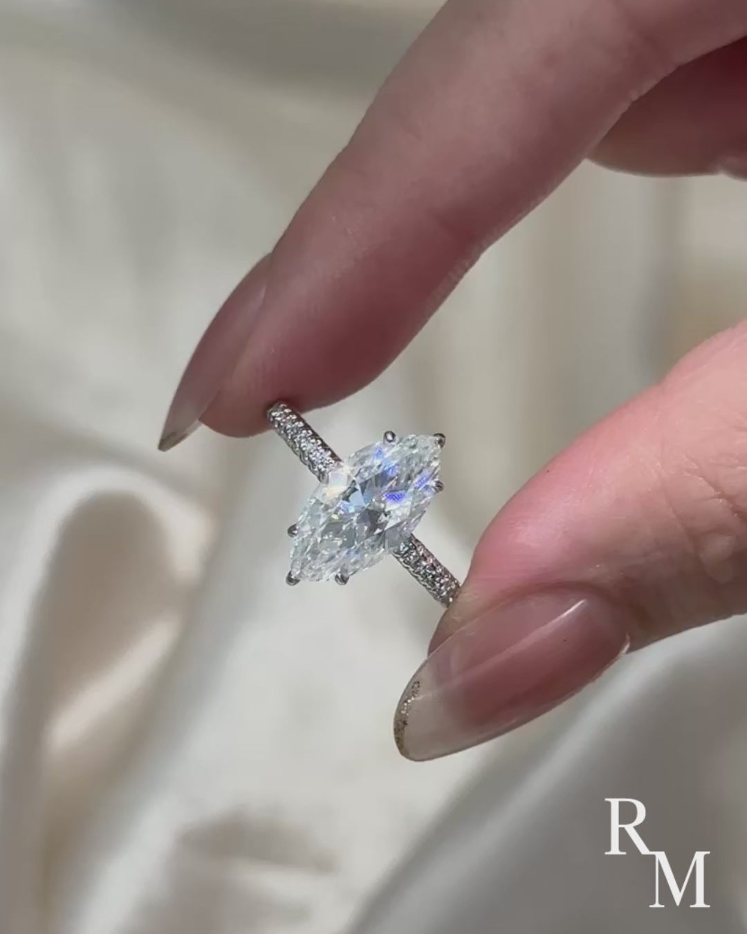 Moissanite 3.0Ct Marquise Cut Solitaire Engagement Ring with Pave Three-Sided Band in 18K White Gold Plated Sterling Silver