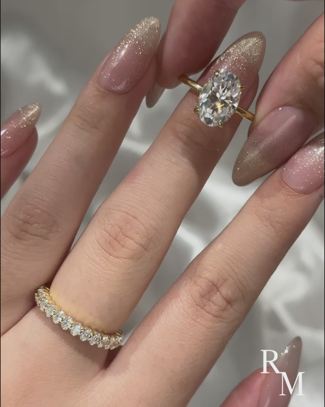 Moissanite 4.0 Ct Oval Cut Yellow Gold Engagement Ring with Oval Cut Eternity Ring