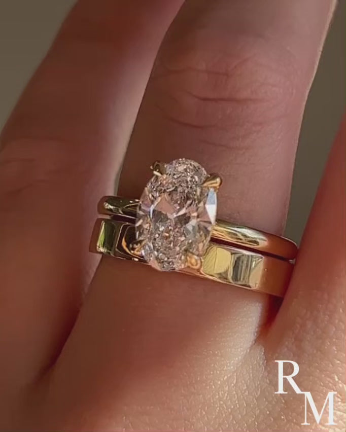Moissanite 4.0 Ct Solitaire Oval Cut Yellow Gold Wedding Ring Set with Wide Band