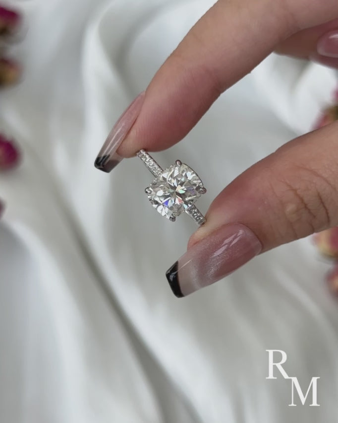 Moissanite Hidden Halo 4.0Ct Cushion Cut White Gold Engagement Ring